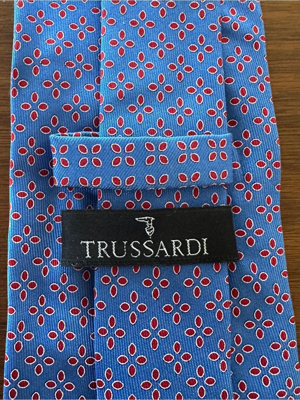 Trussardi Blue Silk Tie with Red Floral Dot Motif